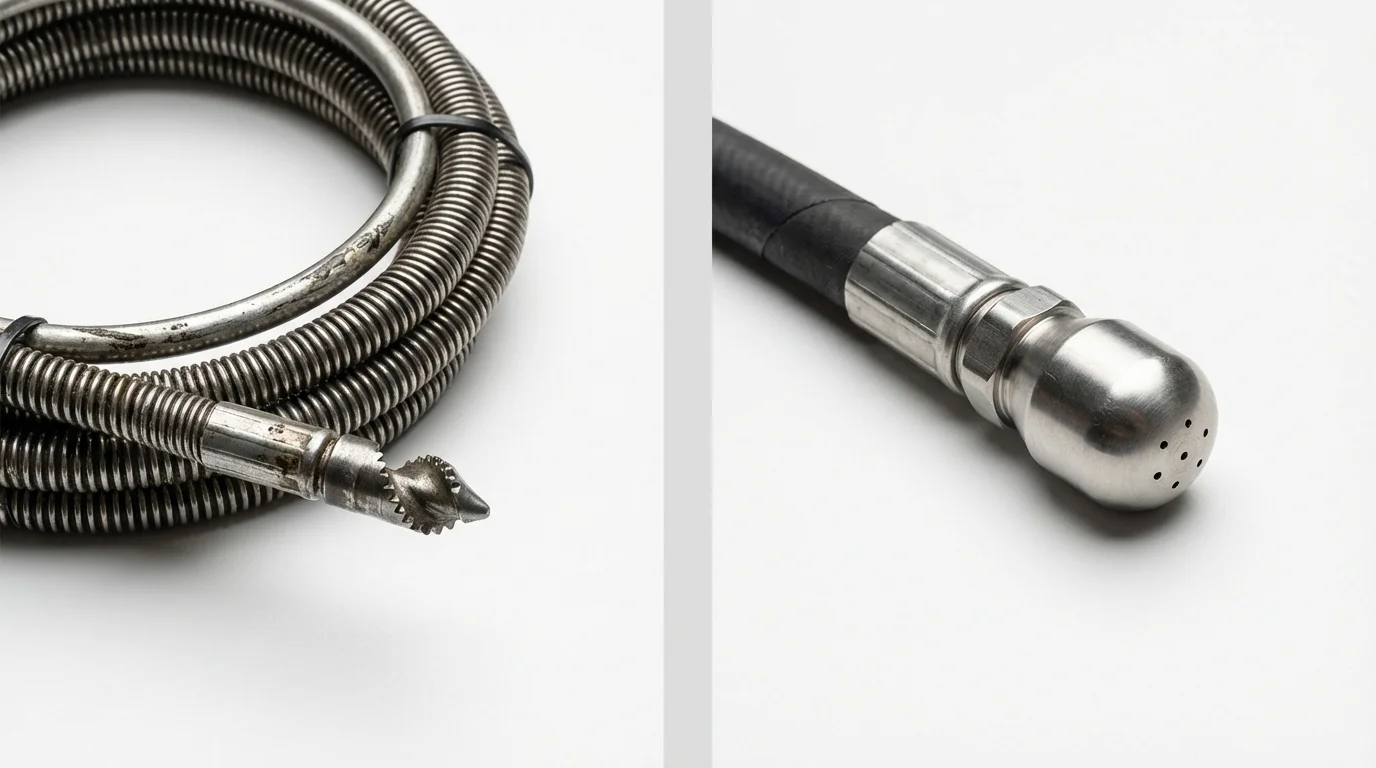 Drain snake cable and hydro jetting nozzle used for drain cleaning in Utica, MI
