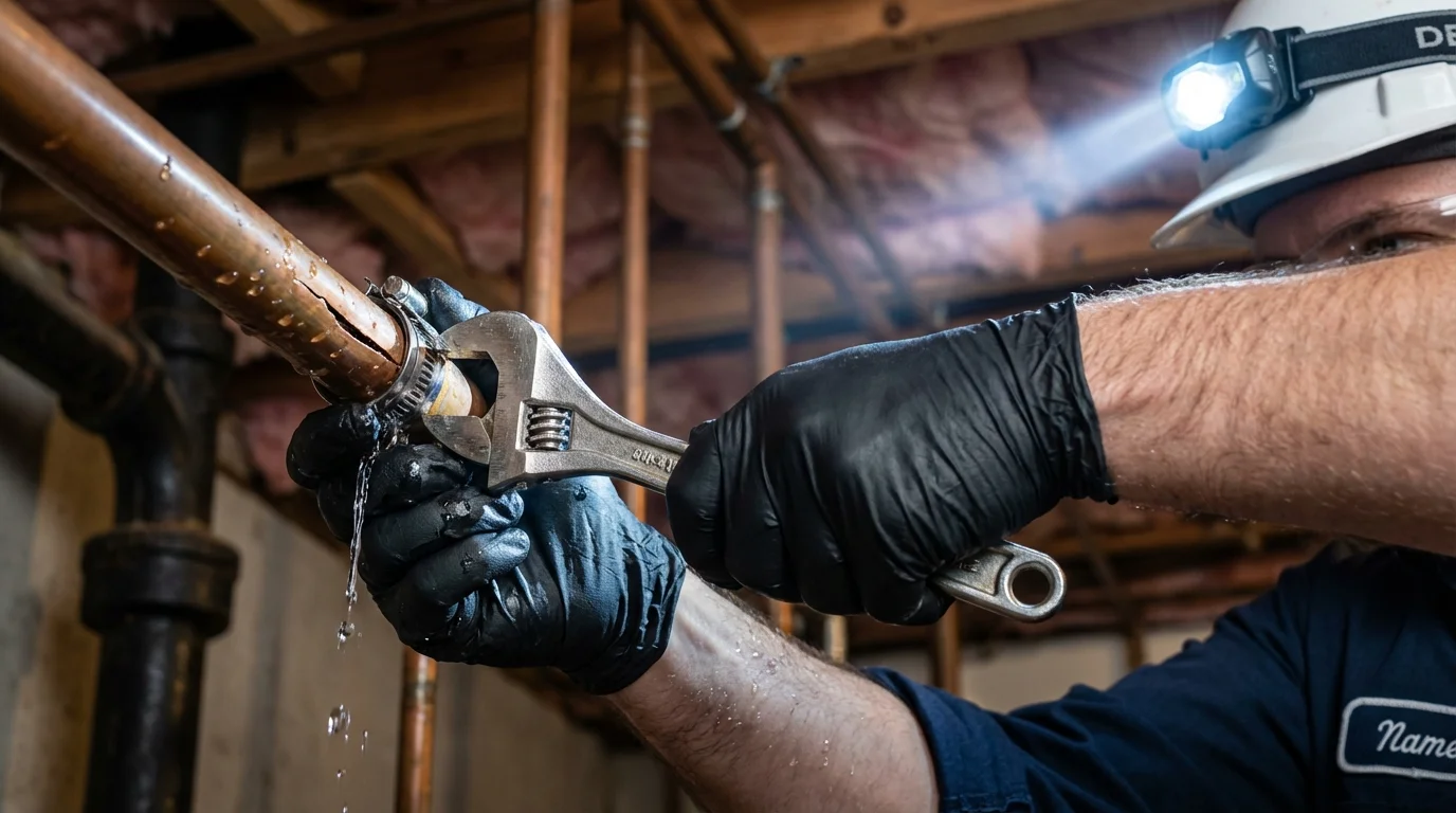 Emergency pipe clamp repair being performed by a Johns Plumbing LLC plumber in Utica