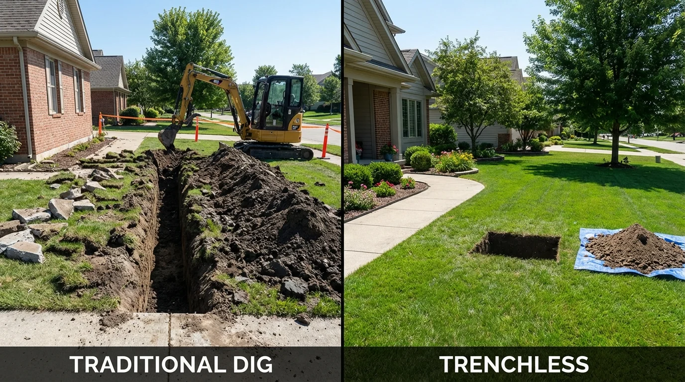 Trenchless sewer repair with minimal yard damage versus traditional excavation in Utica, MI