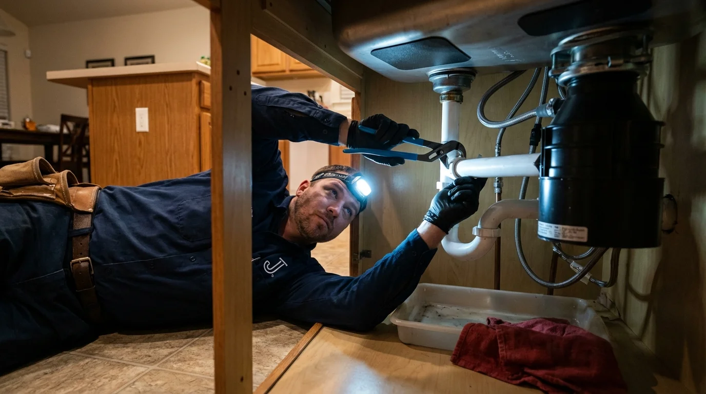 P-trap and supply line connections under a kitchen sink showing a common leak point in Utica, MI